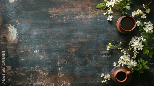 Rustic table with two coffee cups and blooming branches