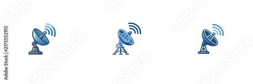 Set of Blue Satellite Dishes and Radar Antennas with Signal Waves Isolated on White Background Transparent PNG Vector Illustration