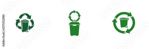 Set of Green Recycle Bins and Waste Management Icons with Arrow Symbols Isolated on White Background Transparent PNG Vector Illustration