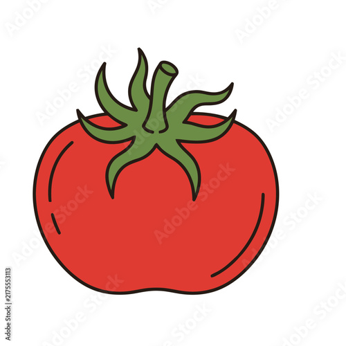 Red tomato with green stem and leaves