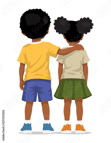Back view of two African children best friend standing close to each other
