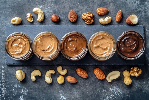 Five glass jars with different nut butters and chocolate spread on slate board with various nuts