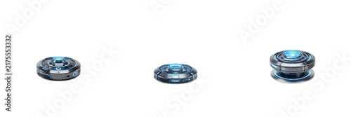Set futuristic tech gadget cyberpunk disc sci-fi energy puck smart tactical device mechanical token advanced cyber accessory holographic projector base