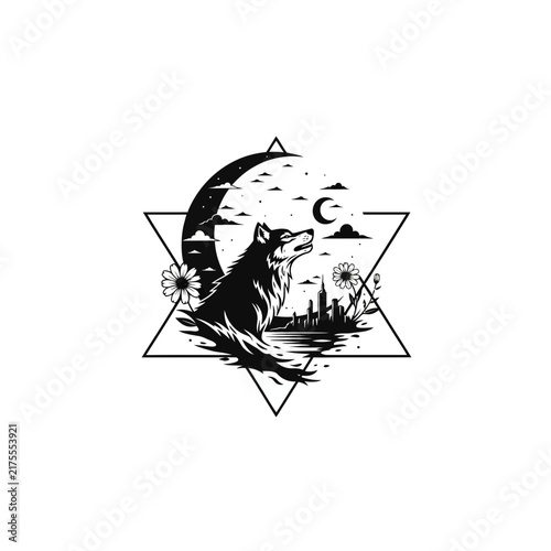 Wolf Howling at Moon Geometric Design