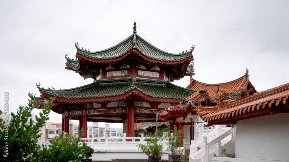 Obraz premium Traditional Asian Architecture with Ornate Roofs and Serenity Gardens