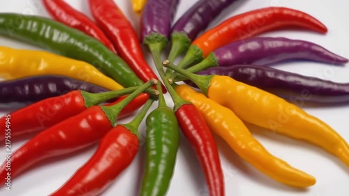 Colorful chili peppers arranged in a vibrant circular pattern for this dynamic food motion video clip