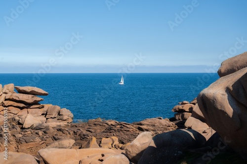 Konstfotografi Landscape view from Phare Mean Ruz, yacht at the sea,Ploumanach, Brittany, France
