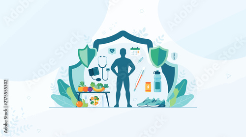 Healthcare and healthy lifestyle vector illustration concept with medical checkup, nutrition, and exercise