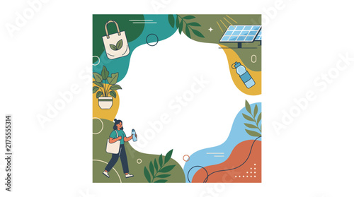 Eco friendly concept poster template design with green energy reusable bag solar panel and plant elements for zero waste lifestyle banner