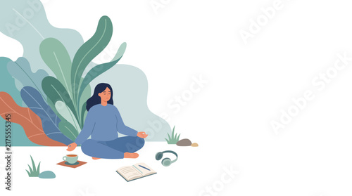 Woman Meditating Outdoors in Nature Finding Mindfulness Relaxation and Inner Peace Vector Illustration with Copy Space