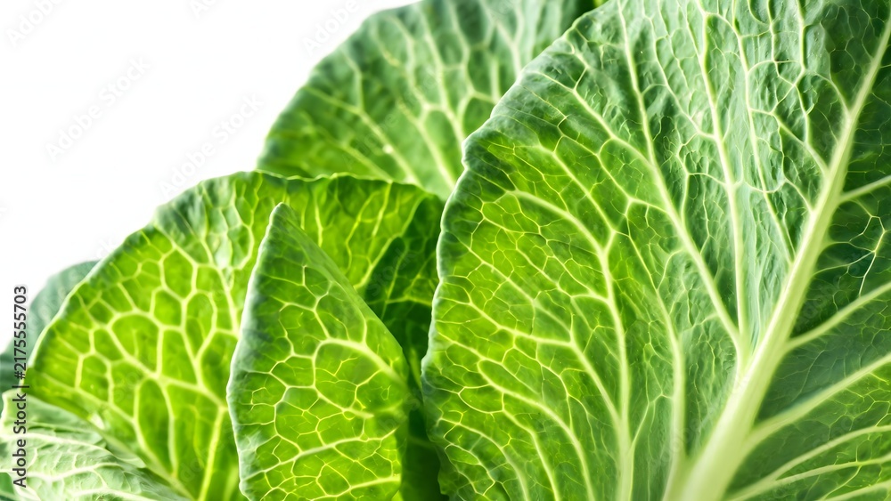 Fototapeta premium Fresh Green Cabbage Leaves Close Up on Light Background
