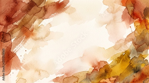 Abstract Brown Orange Gold Watercolor Frame on White Paper with Copy Space for Autumn Thanksgiving and Artistic Design