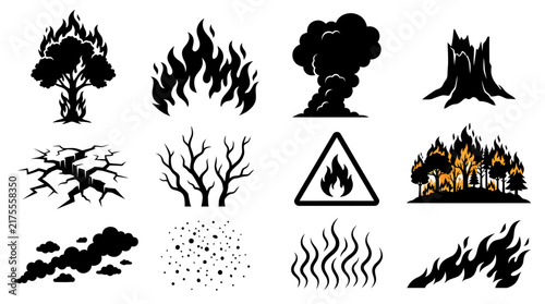 Set of Black and White Forest Fire Burning Tree and Environmental Destruction Vector Icons