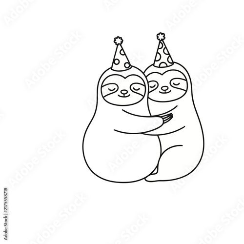 Two Sloths Hugging Wearing Party Hats
