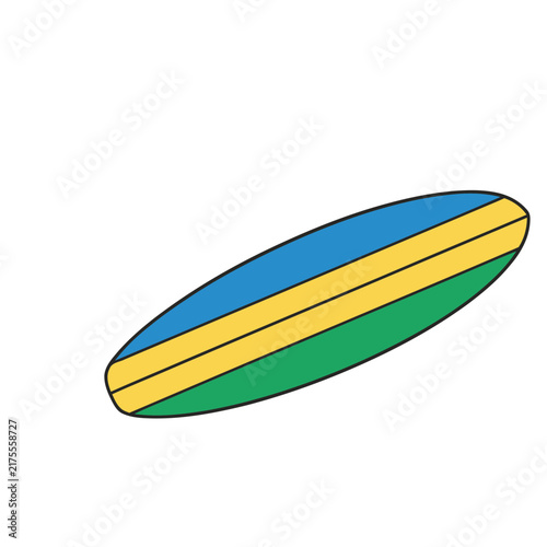 Surfboard with Blue, Yellow, and Green Stripes