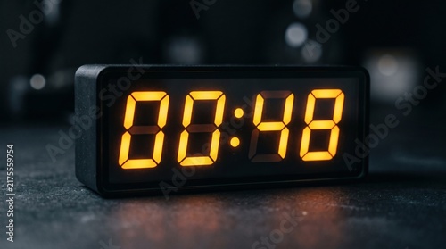 Plakat w ramie Digital Clock Displaying 00 48 With Orange LED Numbers on Dark Background