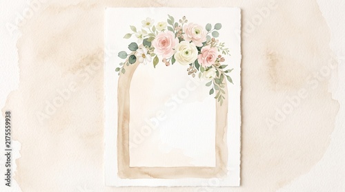 Blush Pink Floral Watercolor Arch Frame on Beige Paper Background for Wedding Invitation