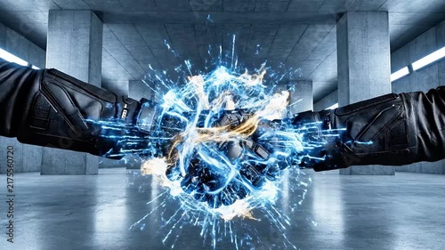 Robotic hands shaking with electric lightning energy spark
