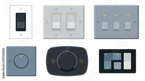 Set of electrical light switches and dimmers featuring various modern wall plates, flat vector icons for interior design home renovation and smart