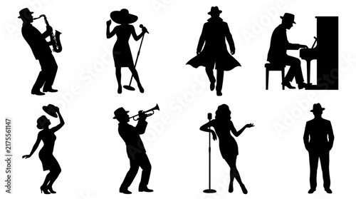 Set of isolated black silhouettes of jazz musicians and singers in various poses, live music entertainment, vintage club vibe, performance scene