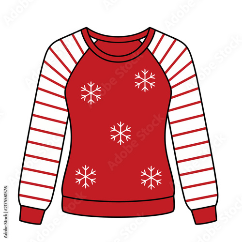 Red sweater with white snowflakes and striped sleeves