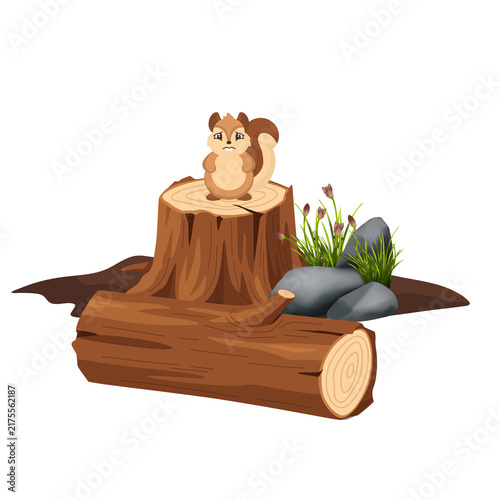 Obraz na plátně Sad squirrel sitting on tree stump after deforestation concept illustration