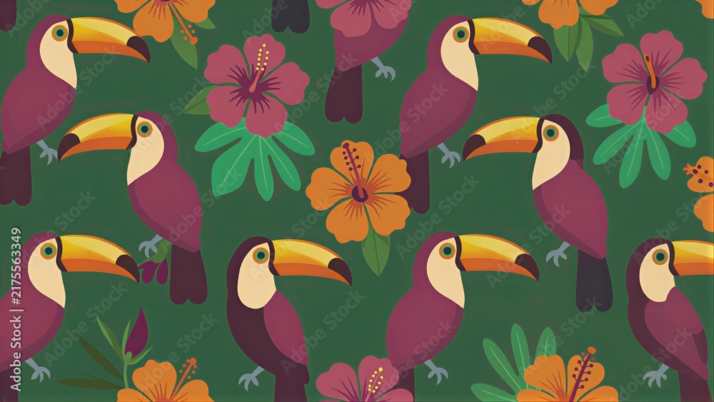 Fototapeta premium Toucans and tropical flowers in vibrant, repeating pattern on green background.