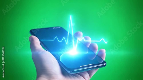 Smartphone displaying holographic heart rate and health monitoring.
