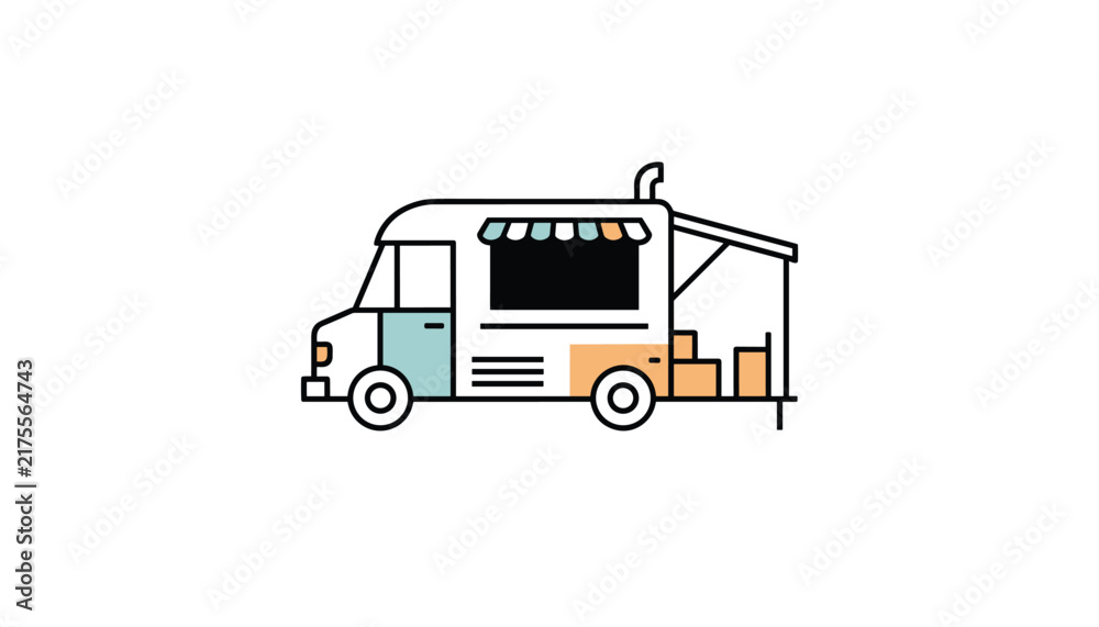 Fototapeta premium Vector illustration of a modern food truck or mobile kitchen vehicle with a service window on white background.