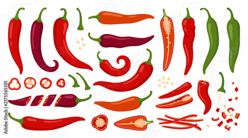 set of diverse spicy chili peppers featuring red and green whole vegetables, sliced pieces, and seeds, perfect for food menus or kitchen decor