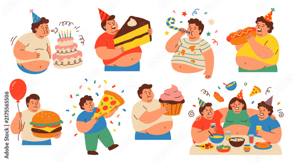 Fototapeta premium collection of overweight men celebrating birthday party with cake, fast food, and pizza, joyous festive atmosphere, fun celebration scenes, vector