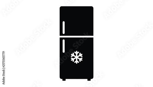 Minimalist black refrigerator icon with a white snowflake on the door, symbolizing refrigeration, cooling, and freezing.