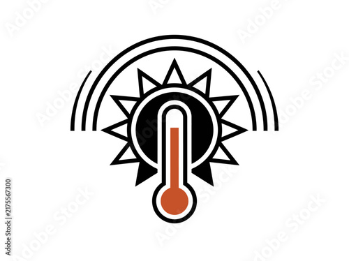 Thermometer symbol positioned vertically inside a stylized sun icon with curved radiation lines.