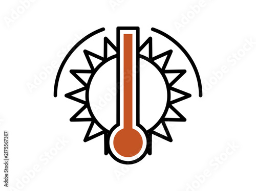 Thermometer icon displaying high temperature levels inside a sun symbol graphic representation.