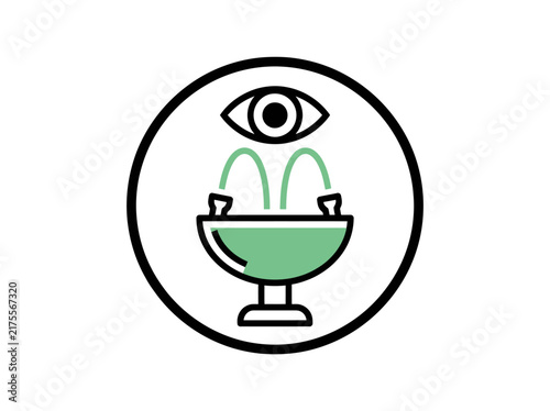 Drinking fountain sanitary compliance sign featuring running water and an eye symbol inside a round black border for facility guidelines.
