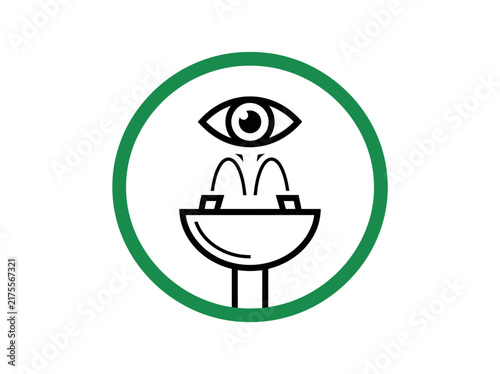Drinking fountain water safety inspection symbol with an eye watching a basin inside a green circular border for public health.