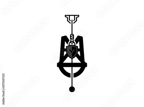Industrial lifting hook and crane mechanism vector symbol representing heavy machinery safety and construction equipment operations.