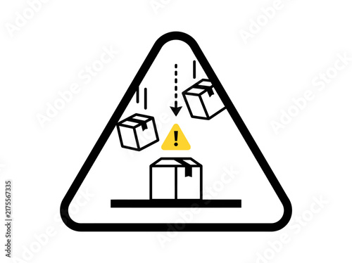 Fragile cargo warning icon depicting falling packages and boxes inside a triangular safety sign for shipping logistics.