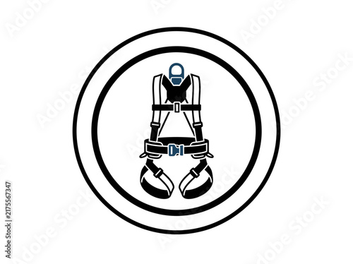 Fall arrest harness icon enclosed in a circle illustrating mandatory personal protective equipment for elevated workplace tasks.