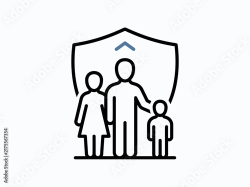 Family protection icon featuring a protective shield over parents and child symbolizing security and insurance coverage.