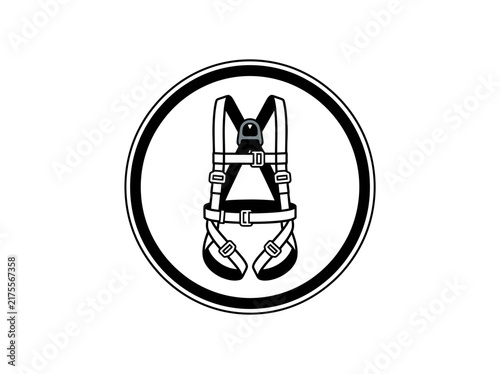 Safety harness icon depicted inside a circular badge for industrial fall protection and construction work requirements.