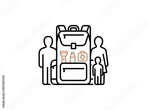 Family emergency kit icon showing a backpack filled with survival supplies and equipment for disaster preparedness.