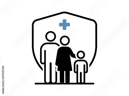 Family health insurance icon displaying parents and a child protected by a medical cross shield.