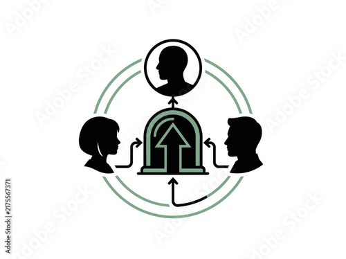 Data migration diagram featuring human profiles surrounding an upward arrow inside a circular frame.