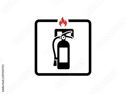 Fire extinguisher symbol inside a square frame with a red flame icon placed on top.