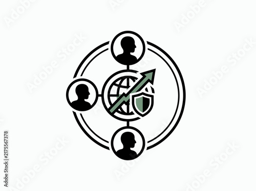 Network growth icon showing human profiles connected around a globe with a rising trend arrow.