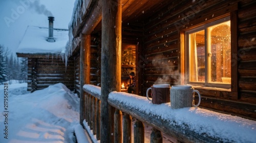 Snowy Wooden Cabin Porch with Glowing Window and Steaming Mugs in Winter