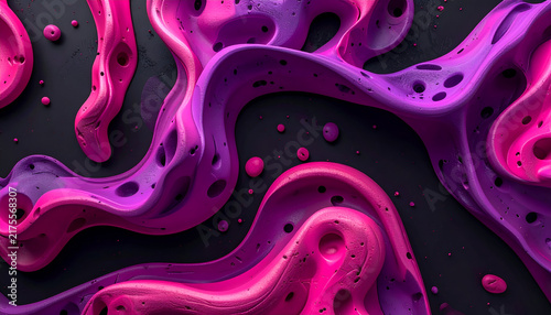 Vivid abstract composition, a fluid, colorful design with a dark background. Curves in vibrant pink and purple tones swirl, with small droplets