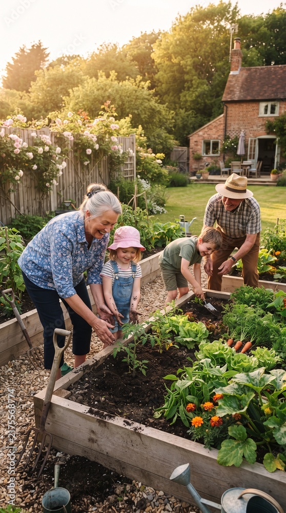 Obraz premium Grandparents and grandchildren gardening together in a sunny backyard