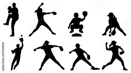 Set of isolated black baseball player silhouettes demonstrating various pitching, hitting, catching, and fielding poses, athletic action, sports